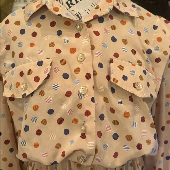 Vintage Leslie Fay Cream Tan Polkadot Long Sleeve Blouson Dress Union Made Sz 12 - Picture 10 of 10